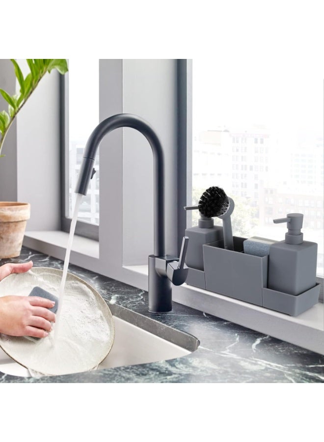Kitchen Soap Dispenser with Sponge Holder Set for Sink Caddy, Hand Soap and Dish Soap Dispenser with Brush Matte Grey - Image 4